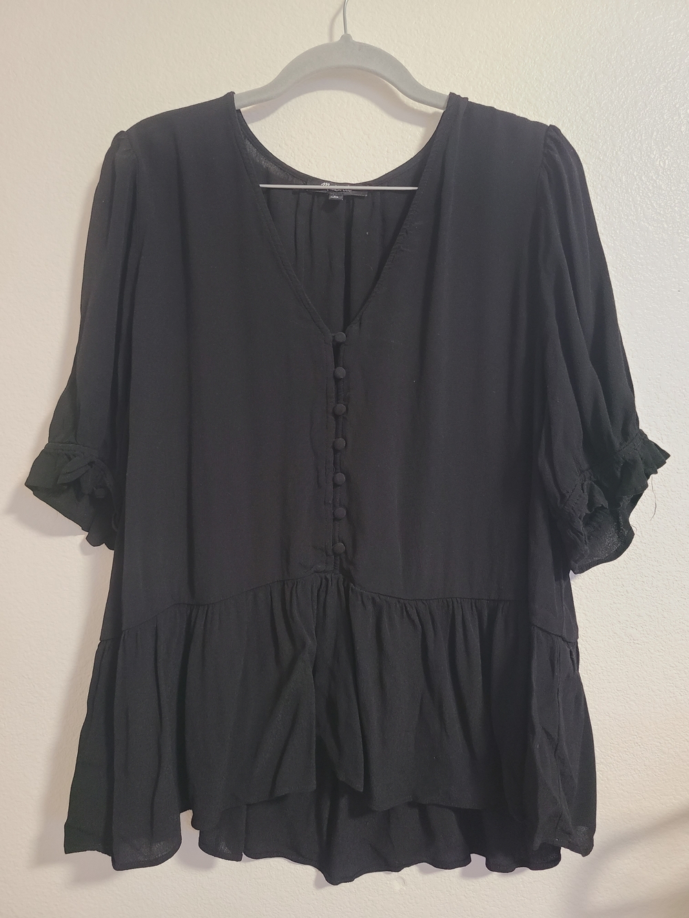 Madewell Black V-Neck Button-Front Peplum Blouse